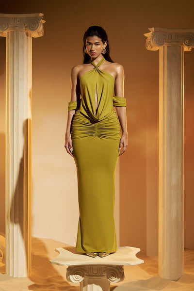 GRECIAN COWL MAXI DRESS IN CHARTREUSE