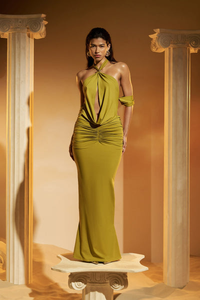 GRECIAN COWL MAXI DRESS IN CHARTREUSE